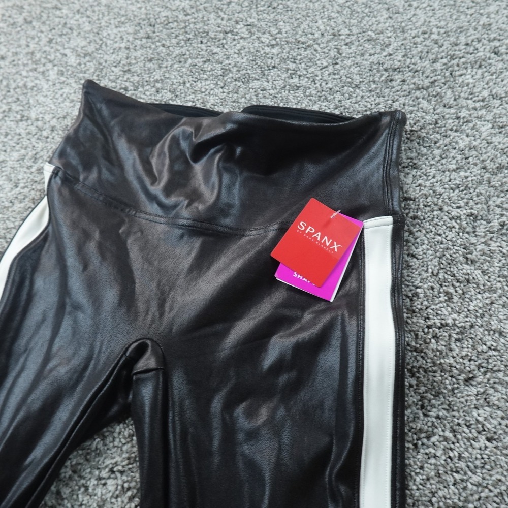 NEW Spanx Pants Womens M Black Faux Leather Leggings Pull On Stretch Side Stripe